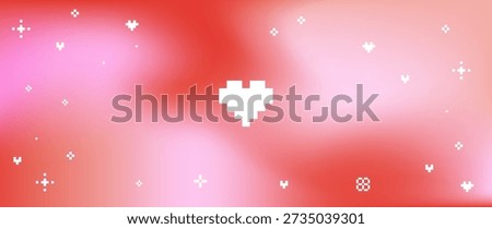 Soft coral pink romantic cloud banner with airy sky gradient, delicate white glitter sparkle pattern, 8-bit pixel heart icon. Modern abstract background for love bg, Valentine designs, digital banners