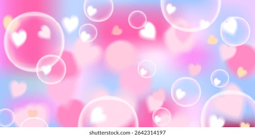 A soft cornflower blue and pastel pink gradient background with floating heart bubbles in a dreamy bokeh effect. This elegant and whimsical digital artwork is great for romantic themes, fantasy