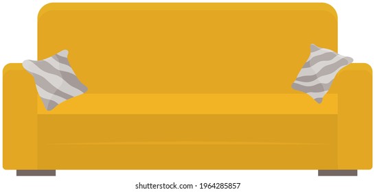 Soft couch with colorful pillows. Leisure furniture vector. Yellow sofa or divan isolated on white background. Arrangement of furniture and layout of premises. Living room interior design sofa element