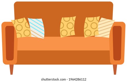 Soft couch with colorful pillows. Leisure furniture vector. Sofa or divan isolated on white background. Arrangement of furniture and layout of premises. Living room interior design sofa element