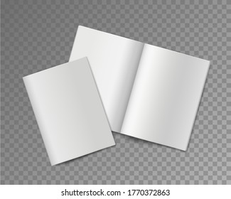 Soft cover books. Opened and closed empty booklet or brochure, album or book, journal or magazine template, publication paper sheets realistic vector mockup on transparent background