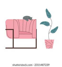 A soft cozy armchair in the loft style. Furniture in the house, interior with a cat and a houseplant. Vector illustration flat isolated for web design