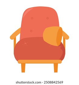 Soft cozy chair on legs with high back. Antique handmade furniture. Simple color cozy illustration. Hand drawn cartoon vector isolated on white background