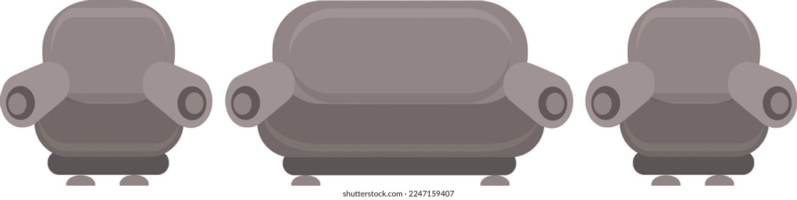 Soft, cozy, gray, comfortable cartoon sofa and two armchairs. Cartoon.