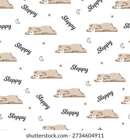 Patrón sin fisuras del oso que duerme suave y acogedor. Perfecto para productos para bebés, decoración de guardería, ropa para niños, estampados de telas, papelería, Fondos de pantalla y marcas relacionadas con el sueño.