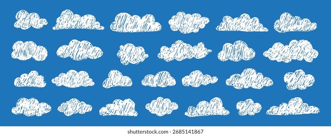 Soft crayon clouds with pastel sky. Playful scribble weather illustrations for nursery or backgrounds. Vector illustration.