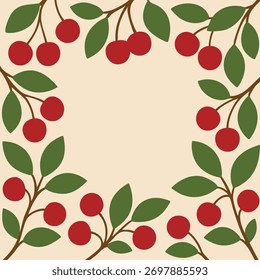 A soft cream background carries clusters of red cherries with green leaves in a nostalgic repeat
