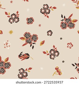 Base de creme macio com flores folclóricas espalhadas divertidas em tons terrosos quentes para papel de parede, roupa de cama, estofamento e envoltório de presente.