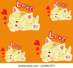 Weich cremefarbene Cartoon-Katze auf gelb-orangefarbenem Hintergrund, rote Herzen, weiße Bücher, rote Ränder, ja.