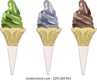 Soft cream cone vanilla, Green tea chocolate and charcoal flavor vector.  Ice cream soft serve isolated on white background in Japanese style.