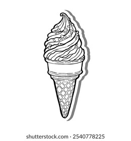 Soft Cream Outline on white silhouette and gray shadow. Hand drawn cartoon style. Vector illustration for decorate and any design.