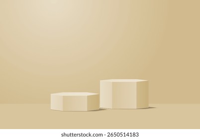 Soft cream room with realistic 3d hexagon podium pedestal. Light shining to wall. Minimal scene for product display presentation. Vector geometric platform. 3d vector rendering. Promotion pedestal.