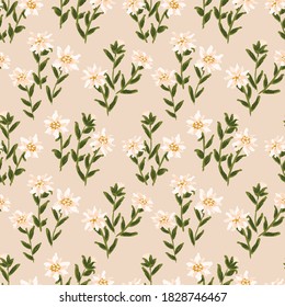 Soft creamy edelweiss seamless vector pattern. Flowers with buds planted in a garden. Floral repeat in pale pinks, white and yellow. Great for home décor, fabric, wallpaper, stationery, design project