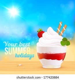 Soft creamy ice-cream dessert on sunny beach, vector illustration