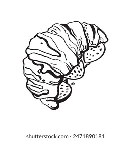 Soft croissant with strawberries and cream vector illustration on a white background. Delicious baking sketch. Illustration for menu of restaurant, cafe, bakery