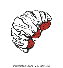 Soft croissant with strawberries and cream vector illustration on a white background. Delicious baking sketch. Illustration for menu of restaurant, cafe, bakery