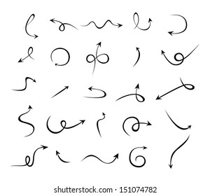 soft curved and lines arrows, soft hand draw, vector set arows on white Background