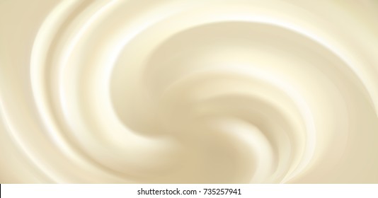 Soft curvy gray pearl fluid cheese with space for text. Whirl light beige eddy surface. Yummy sweet vanilla yoghurt spread. Close up view