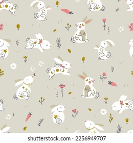 Soft Cute Cosmic Rabbits in Field with Carrots and Flowers Vector Seamless Pattern