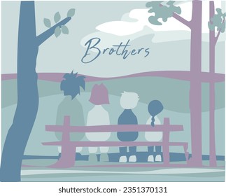 Soft and cute image with 4 baby brothers sitting on a park bench