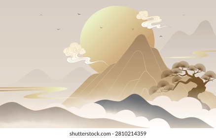 Soft dawn light bathes misty mountains. Golden sun rises above ancient peaks. Clouds drift gently near tree-covered slopes. Ancient pine stands firm on rugged terrain. Serene landscape evokes calm