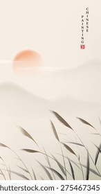 Soft dawn light glows over misty hills. Grass blades sway gently in quiet breeze. Serene landscape evokes peaceful solitude. Perfect for tranquil mood or nature themes