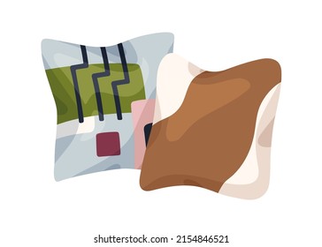 Diseño de almohadas de decoración suave. Colchones cuadrados para el sofá y la cama. Moderna decoración interior casera con almohadas de motivos geométricos. Ilustración vectorial plana aislada en fondo blanco.