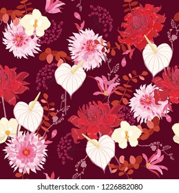 Soft and delicate blooming Floral pattern in the many kind of flowers. Tropical botanical  random. Seamless vector texture.fashion prints. Printing with in hand drawn style on burgundy background