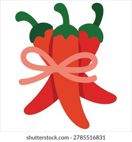 Soft delicate composition of casual drawing crimson red hot chili pepper bunch peppers tied string hand drawn fresh produced as cheerful cartoon graphic for greeting cards