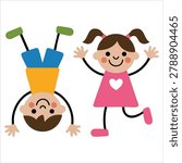 Soft delicate composition of children playing boy standing head girl running towards him childrens drawing bright yellow rendered as flat vector clipart suitable for designers