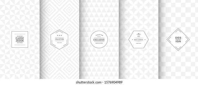 Soft delicate patterns. Set of seamless neutral vector patterns. Light mesh background. Geometric white patterns for silver luxury invitation, classic scrapbooking and gentle design. Light grey color