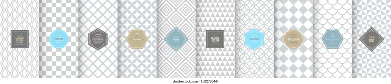 Soft delicate patterns. Set of seamless neutral vector patterns. Light mesh background. Geometric white patterns for silver luxury invitation, classic scrapbooking and gentle design. Light grey color