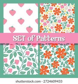 Soft Delicate Seamless Botanical and Strawberry Pattern Set with Gentle Natural Elements