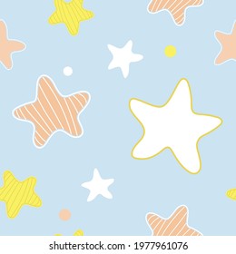 Soft, delicate seamless pattern for baby kids with cute cartoon colored stars on a blue background. Decorative, stylized elements in a flat style. Good night and sweet dreams children's vector design