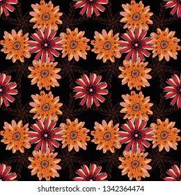 Soft design. Vector floral seamless pattern. Endless texture for wrapping, textiles, paper in black, orange and magenta colors.
