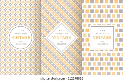 Soft different vector seamless patterns. Endless texture for wallpaper, fill, web page background, texture. Set of delicate geometric ornament. Yellow, grey and white shabby colors