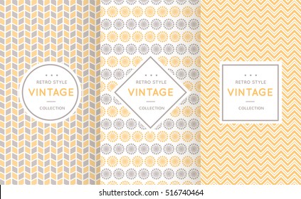 Soft different vector seamless patterns. Endless texture for wallpaper, fill, web page background, texture. Set of delicate geometric ornament. Yellow, grey and white shabby colors