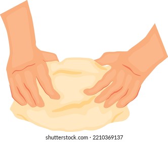 soft dough is kneaded with two hands, baker working with dough, raw dough for baking and bread