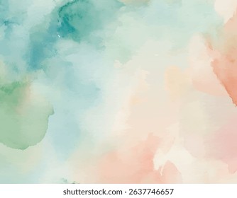 Soft, dreamlike watercolor background featuring abstract natural landscape with gentle green, blue, and peach colors. Serene artistic texture.