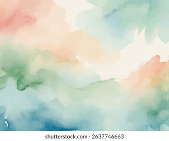 Soft, dreamlike watercolor background featuring abstract natural landscape with gentle green, blue, and peach colors. Serene artistic texture.