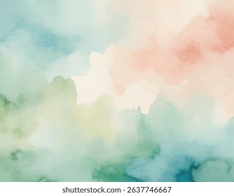 Soft, dreamlike watercolor background featuring abstract natural landscape with gentle green, blue, and peach colors. Serene artistic texture.