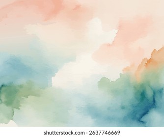 Soft, dreamlike watercolor background featuring abstract natural landscape with gentle green, blue, and peach colors. Serene artistic texture.