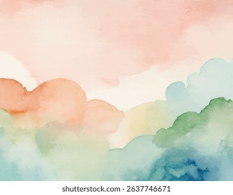 Soft, dreamlike watercolor background featuring abstract natural landscape with gentle green, blue, and peach colors. Serene artistic texture.