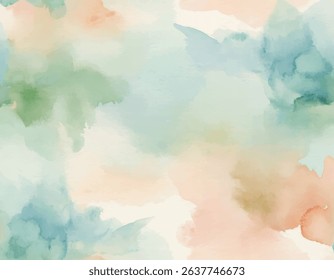 Soft, dreamlike watercolor background featuring abstract natural landscape with gentle green, blue, and peach colors. Serene artistic texture.