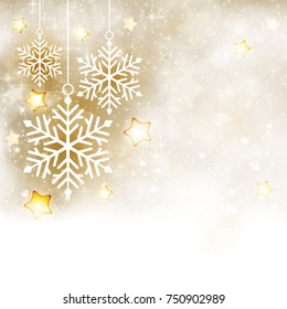Soft and dreamy background with snowfall and blurry light dots. Focal point are a set of white hanging snowflakes surrounded by golden shiny stars.