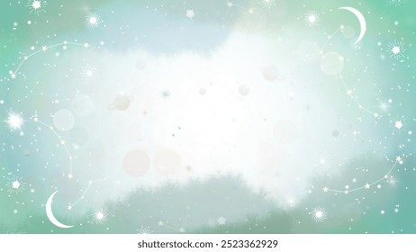 Eine weiche und verträumte kosmische Vektorgrafik in einem hellgrünen und weißen Farbverlauf. Das Kunstwerk besteht aus sanften Sternbildern, Sternen und Planeten und fügt sich in einen ruhigen, himmlischen Hintergrund ein. 