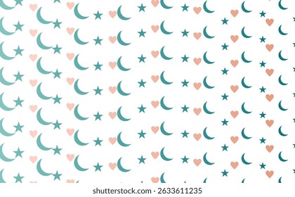 A soft and dreamy repeating pattern featuring crescent moons, stars, and hearts. Ideal for children’s products, pajamas, or romantic-themed packaging.