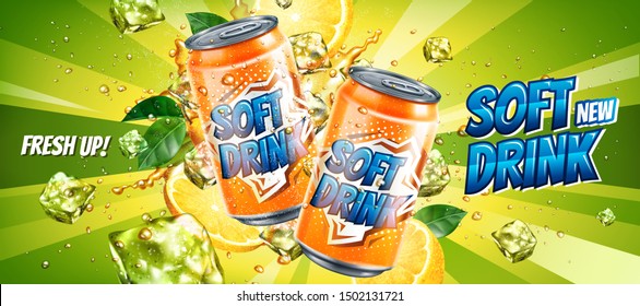 Soft drink ads with ice cubes on green stripe background in 3d illustration