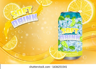 Soft drink advertising poster design template. Vector realistic aluminium can with label, lemon slices, citrus juice splashing and copy space.