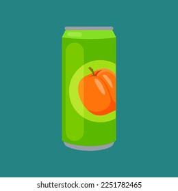 Soft drink with apricot in aluminium can. Sweet apricot soda, canned apricot drink, sweet apricot juice, tonic on white background cartoon illustration. Liquid, beverage concept